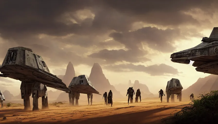 Prompt: star wars vehicle driving through madagascar with baobabs trees, tribe members chasing for an attach, action scene, an epic fantasy, artgerm and greg rutkowski and alphonse mucha, an epic fantasy, volumetric light, detailed, establishing shot, an epic fantasy, cinematic, photorealistic, ultrarealistic, trending on art station, octane render, midsommar