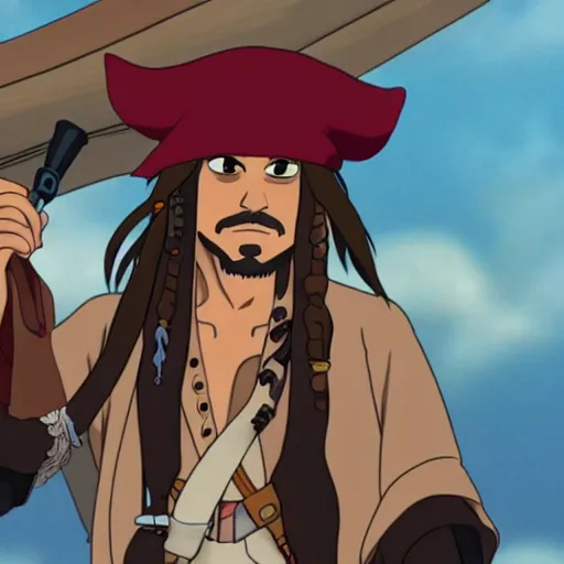 Image similar to Jack Sparrow as an anime character from Studio Ghibli. Extremely detailed. Beautiful. 4K.