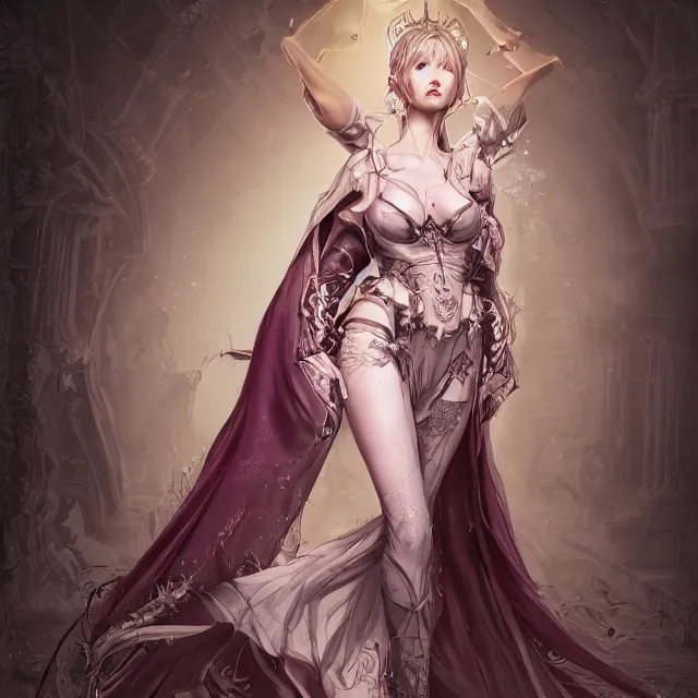 Prompt: portrait of lawful evil sorceress archetype personified as an absurdly beautiful, graceful, elegant, sophisticated, young gravure idol covering herself, an ultrafine hyperdetailed illustration by kim jung gi, irakli nadar, intricate linework, bright colors, octopath traveler, final fantasy, unreal engine 5 highly rendered, global illumination, radiant light, detailed