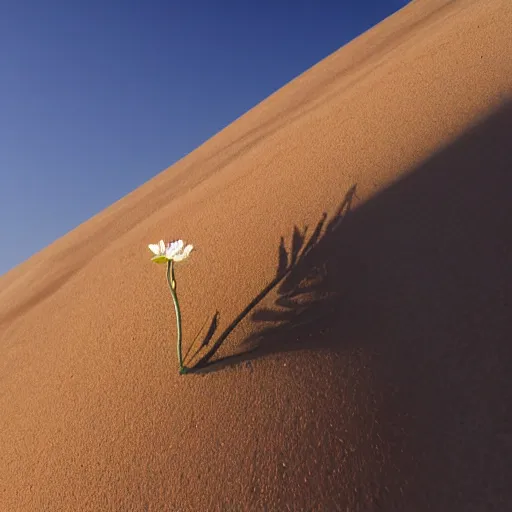 Prompt: a single small pretty desert flower blooms in the middle of a bleak arid empty desert, sand dunes, clear sky, low angle, dramatic, cinematic, tranquil, alive, life.