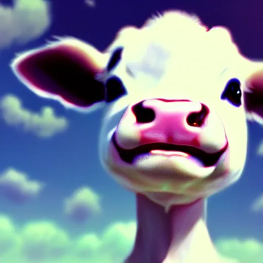 Prompt: very cute baby cow thinks about the cosmic multiverse, close up, anatomically correct, high detailed face, by ilya kuvshinov, greg rutkowski and makoto shinkai, trending on artstation