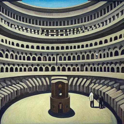 Image similar to a brutalist courtyard colosseum interior lined with cloaked judges and a weeping robot in the center, by PJ Crook and Edward Hopper