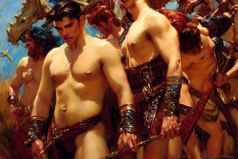 Prompt: attractive men, dnd, fantasy, painting by gaston bussiere, craig mullins, j. c. leyendecker, tom of finland