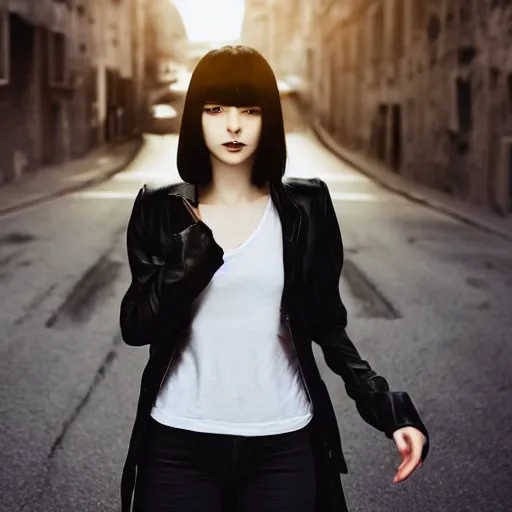 Image similar to 1 7 - year - old pale - skinned anime girl with black long bob cut, long bangs, black gothic jacket, black jeans, running through italian city, yellow sunshine, sepia sun, ultra - realistic, sharp details, subsurface scattering, intricate details, hd anime, 2 0 1 9 anime