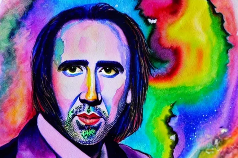 Prompt: nicholas cage. watercolor. lisa frank. vibrant. amazing painting. beautiful. high resolution. highly realistic. cool tones. close - up.