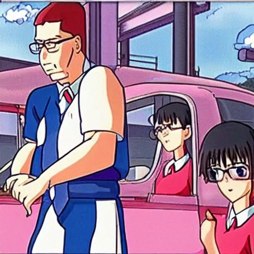 Prompt: hank hill from king of the hill as an school girl in an anime from 1997 selling propane, Impressive line work and attention to detail,
