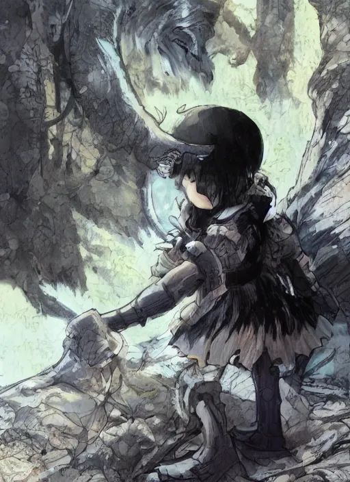 Image similar to beautiful little boy wearing an cyborg bear suit, artwork in kentaro miura and made in abyss and rosdraws, smooth, beautiful lightness, anatomically correct, trending on pixiv, forest