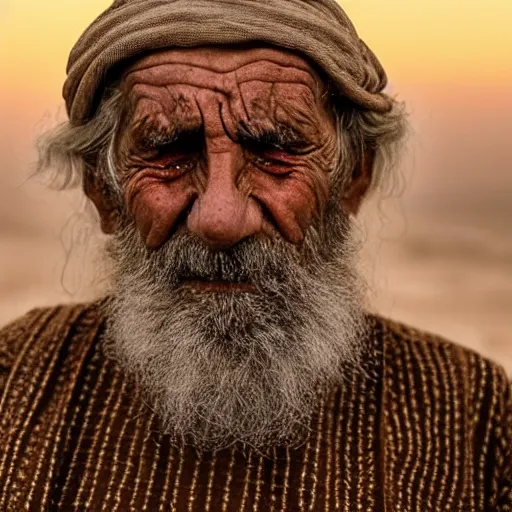 Prompt: award winning cinematic still portrait of distraught 85 year old Mediterranean skinned man in Ancient Canaanite clothing , crying, beard, short hair, Just before sunrise. Desert mountain background. sad, depressed, lonely, Biblical epic directed by Steven Spielberg