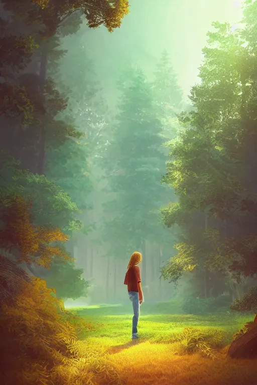 Image similar to pretty young man with long golden hair, trees, detailed forest background, webtoon, breathtaking scenery, colourful, 8 k, graphic novel, digital art trending on artstation, volumetric lighting, octane render, cinematic, hyper detailed, magical atmosphere