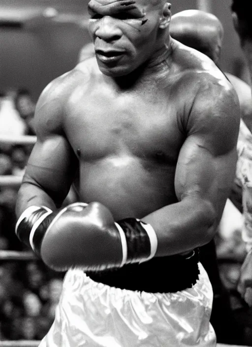 Prompt: a photograph of Mike Tyson punching himself in the head