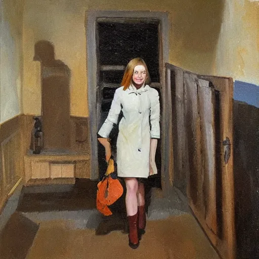 Prompt: emma stone in boots walking to outdoor toilet, russian depression, chthonic, by shulzhenko, nikolay kopeykin, lozhkin, vdovenko, oil painting art