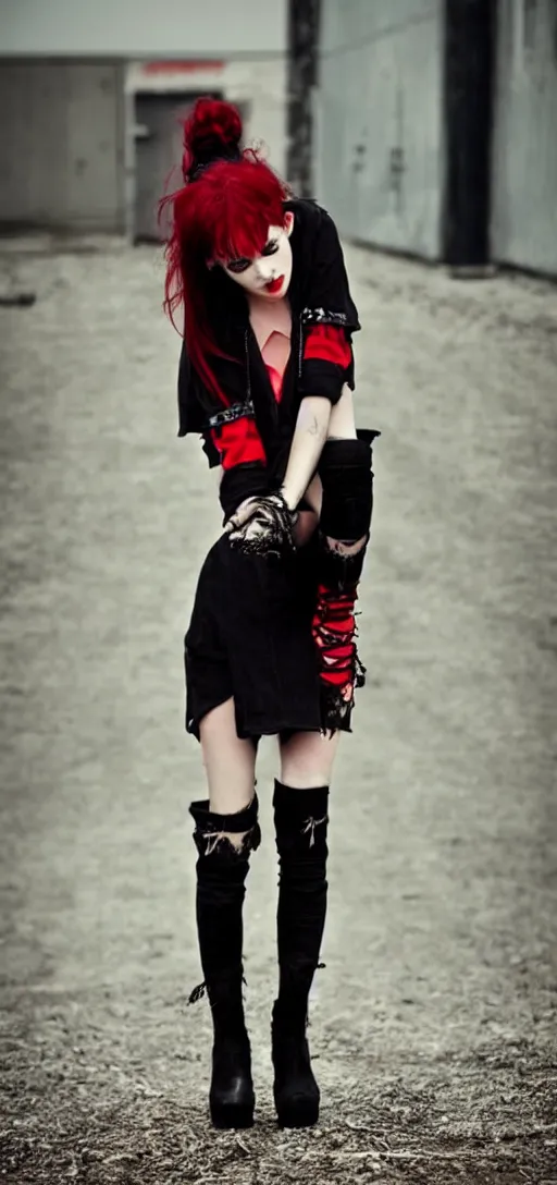 Prompt: Grunge Girl with red and black hair, tall black boots, grunge, photography, full-body, head to toe