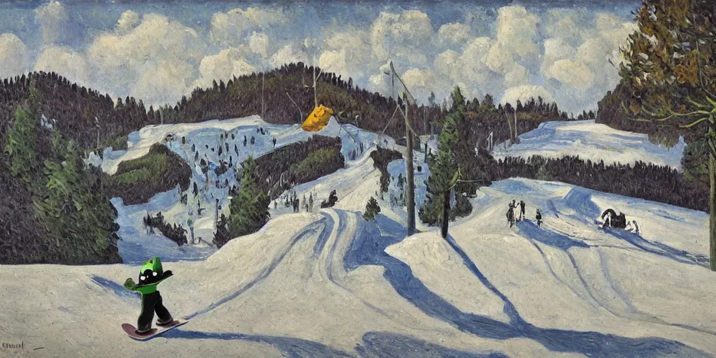 Prompt: sad pepe the frog snowboarding in terrain park, frustration, pain, anger, ramps, half - pipe, gloomy landscape, expressive oil painting by christopher radlund and camille pissaro