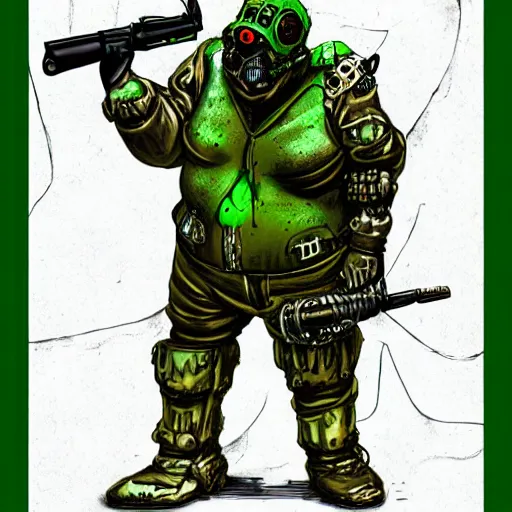 Image similar to highly detailed steampunk morbid obese undead soldier with heavy machine guns, intricate, rusty, green radioactive glow, toxic waste, digital art