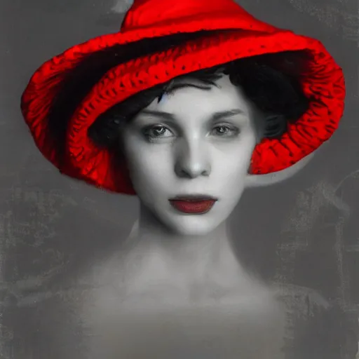 Image similar to half - length portrait of girl in a red hat and black dress, fine art portrait photography by sarah moon, volumetric lighting, very detailed, high resolution,