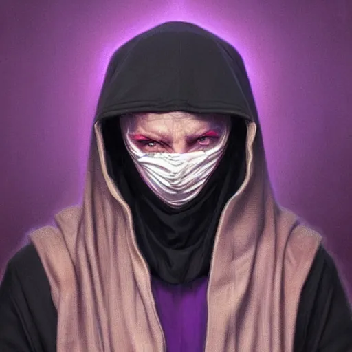 Image similar to ultra realistic illustration, man in a black hood, in a striped purple balaclava, mysterious, highly detailed, digital painting, artstation, concept art, smooth, sharp focus, illustration, art by artgerm and greg rutkowski and alphonse mucha