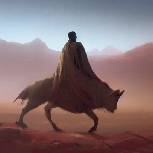 Image similar to kayne west traveling through the desert, painting by Greg Rutkowski, at dawn