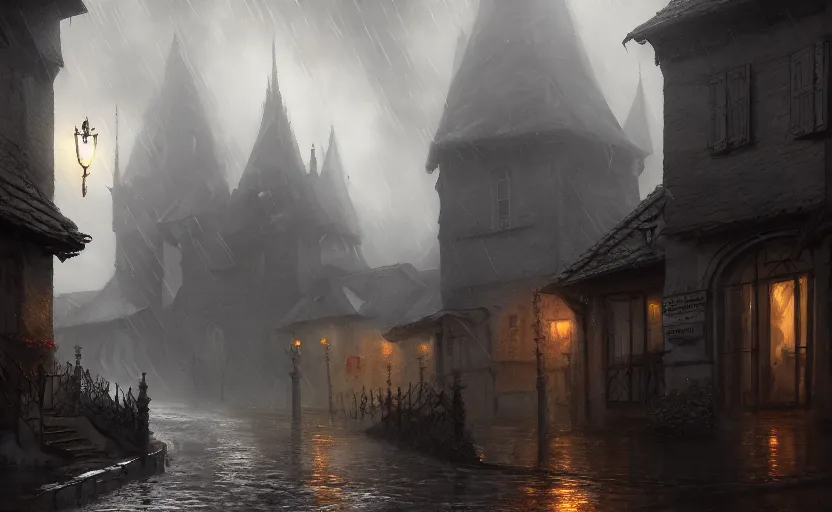 Image similar to extreme long shot concept art depicted rainy old french village, high details, dramatic mood, deep environment, art by legends of runeterra and tomasz jedruszek and gabor szikszai, trending on artstation, unreal engine, 8 k, 4 k