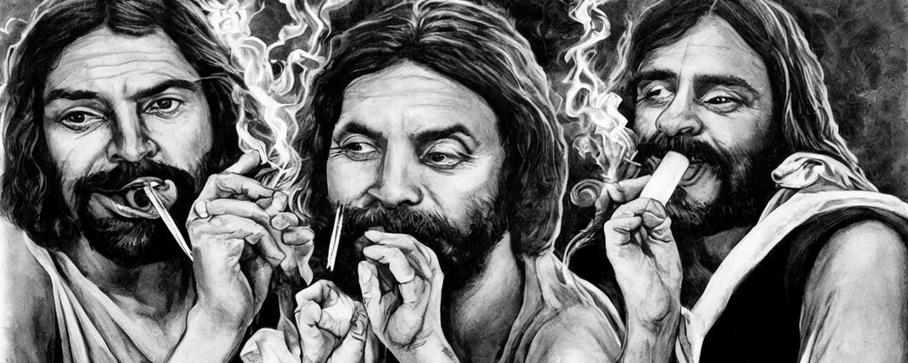 Image similar to jesus christ smoking a blunt, in the style of cheech and chong