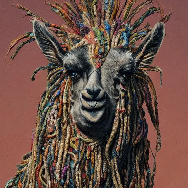 Prompt: llama with dreadlocks, by mandy jurgens, ernst haeckel, el anatsui