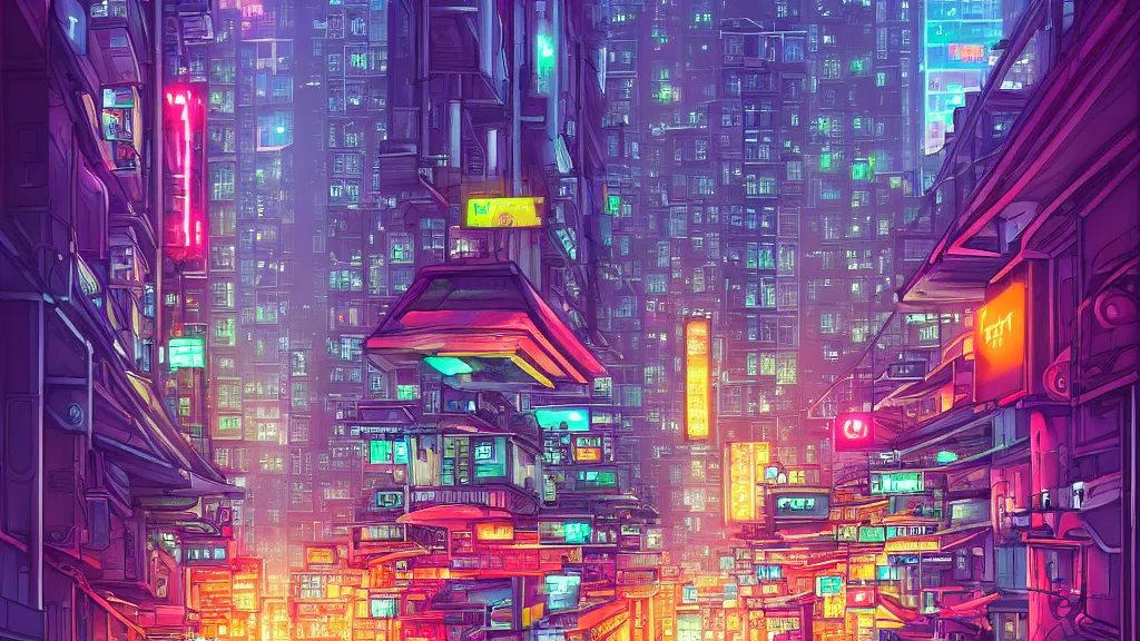 Prompt: street level view looking down the street road of futuristic hong kong city at night by cyril rolando and naomi okubo and dan mumford and ricardo bofill. advertisements. neon. tower blocks.