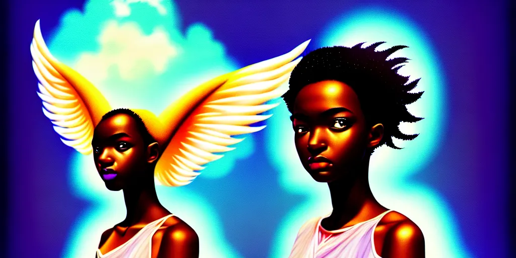 Image similar to portrait of african angel, cloud background, uplight, symmetrical!!, anime, prism highlights, depth of field, cinematic, filmic, vsco, concept art, artstation, digital painting, elegant, epic, focus