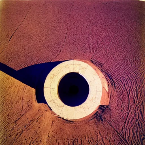 Image similar to a Non-Euclidean orb-like clay building sitting in the desert, vintage photo, beautiful cinematography, blue sky, film grain, aerial view, extreme wide shot, far away, symmetrical, in the distance, James Turrell