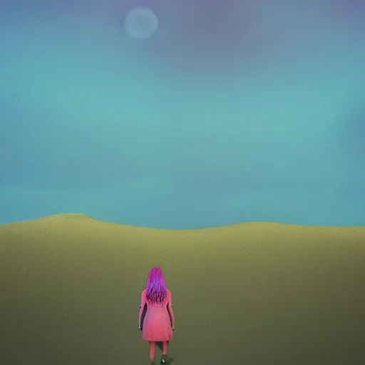 Image similar to portrait, giant purple dahlia flower head, girl walking between dunes, surreal photography, sunrise, blue sky, dramatic light, impressionist painting, digital painting, artstation, simon stalenhag