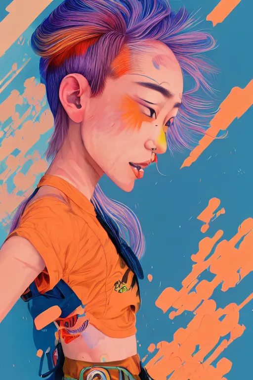 Prompt: a award winning half body portrait of a beautiful woman in a croptop and cargo pants with ombre orange blue teal hairstyle with head in motion and hair flying by yoshii chie and hikari shimoda and martine johanna and will eisner, outrun, vaporware, digital art, trending on artstation, highly detailed, fine detail, intricate