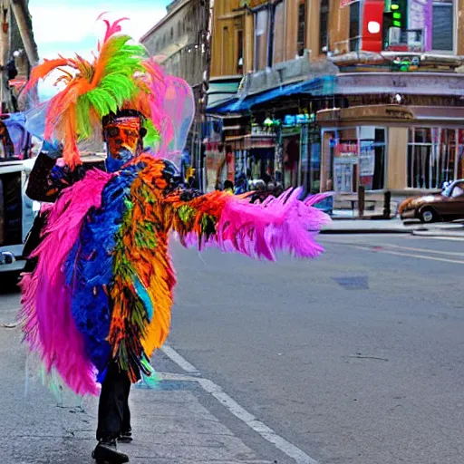 Prompt: a man made of colorful feather boas walking across the street