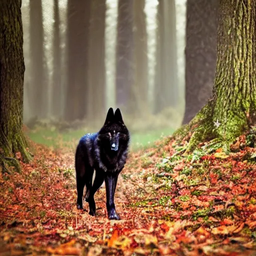 Image similar to majestic and beautiful dark wolf walking through a forest of leaves and trees photo realistic ultra details award winning realistic