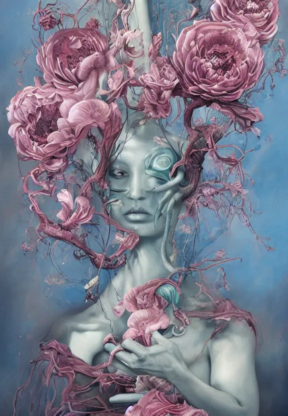 Image similar to a biomorphic painting of a vase with flowers and eyeballs in it, a surrealist painting by Marco Mazzoni, by Dorothea Tanning, Peter Mohrbacher, pastel blues and pinks, featured on artstation, metaphysical painting, oil on canvas, fluid acrylic pour art, airbrush art, seapunk, rococo, lovecraftian