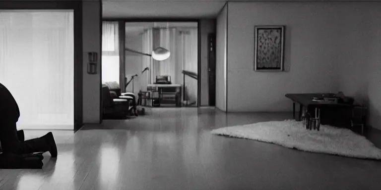 Image similar to photorealistic Cinematography of a man crying on the floor at night in a mid century modern apartment shot on film at magic hour in a room filled with volumetric haze by the shining Cinematographer john alcott on a cooke panchro 18mm lens .