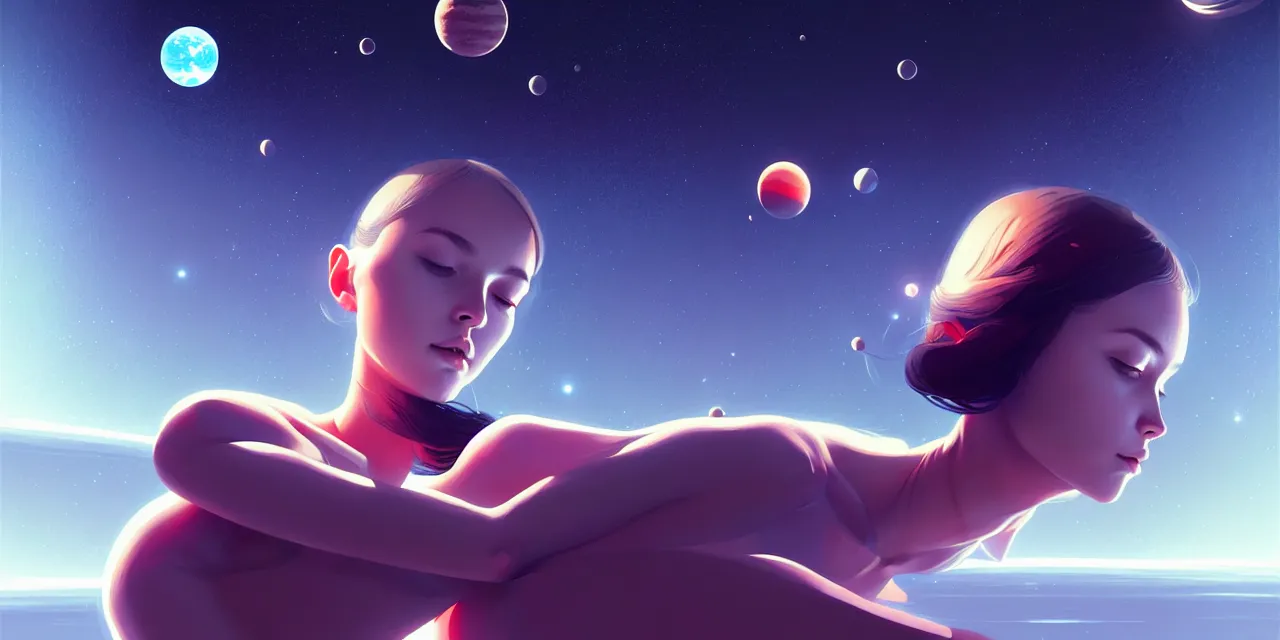 Image similar to girl in space, floating beside planets, symmetrical face and body, dynamic body pose, dynamic composition, detailed designs, digital painting, 4 k, by ilya kuvshinov, by greg rutkowski, atmospheric lighting