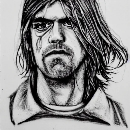 Prompt: grunge drawing of kurt cobain in the style of mad max | horror themed | loony toons style