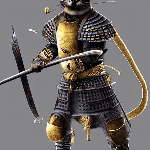 Prompt: cat samurai, full samurai armor, cat warrior, realistic, gold armaments, sword, 4 k, 8 k, hd,