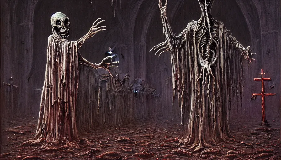 Image similar to a dark rotting alien priest conducts a ceremony, alien church, blood, crosses, religion, death, fear, horror, ultra realistic, hyperrealism, fine details, detailed and intricate environment, by barlowe, by wayne, by gigger, 4 k