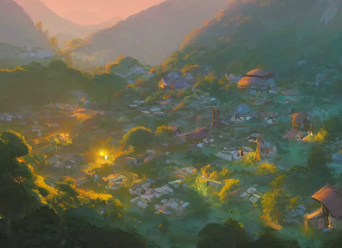 Image similar to concept art painting of a small woodland village in a valley seen from above, european japanese buildings, early morning, cel shaded, detailed, realistic, by makoto shinkai and moebius and anton fadeev and james gurney