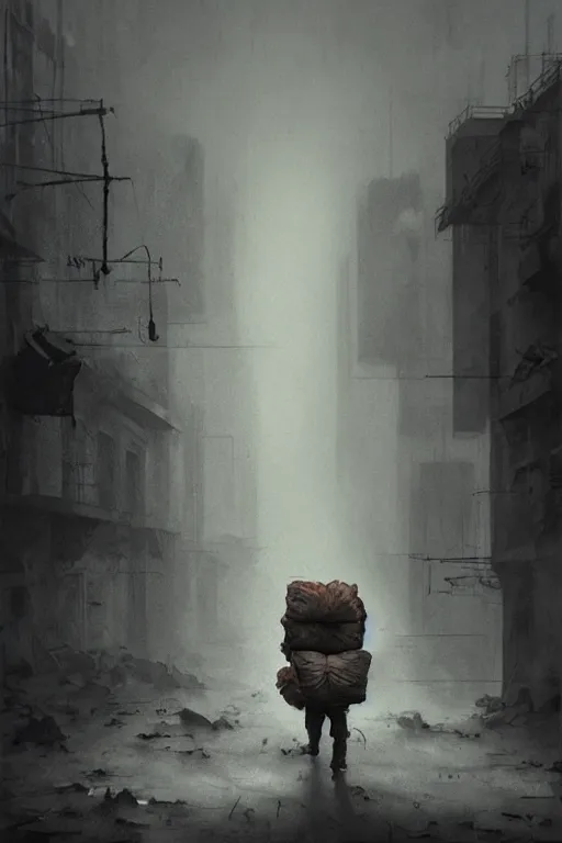 Image similar to man carrying many bags full of groceries, walking in a post - apocalyptic abandoned city, zdzislaw beksinski, lewis jones, dariusz zawadzki, wayne barlow, cold hue's, warm tone gradient background, concept art, digital painting