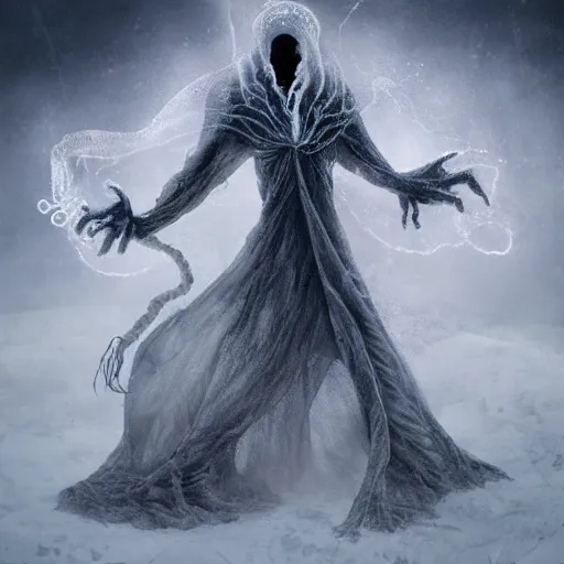 Prompt: concept designs for an ethereal ghostly wraith like figure with a squid like parasite latched onto its head and long tentacle arms that flow lazily but gracefully at its sides like a cloak while it floats around a frozen rocky tundra in the snow searching for lost souls and that hides amongst the shadows in the trees, this character has hydrokinesis and electrokinesis for the resident evil village video game franchise with inspiration from the franchise Bloodborne and the mind flayer from stranger things on netflix in the style of a marvel comic