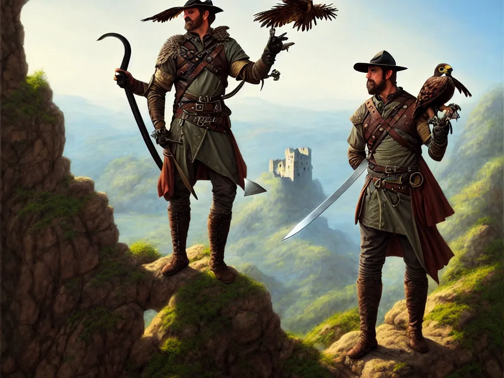 Image similar to middle age ranger with rugged expresions falcon pet on his sholder holding a long sword, top a cliff observing old ruins of a castle, elegant clothing, photorealistic render, matte patining, highly detailed, artstation, smooth, sharp focus, art by michael whelan, artgerm, greg rutkowski