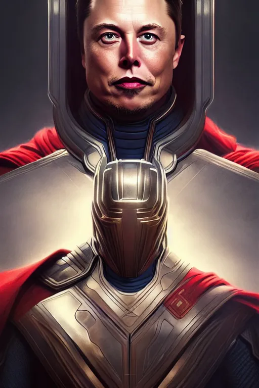 Image similar to elon musk as thor, realistic portrait, symmetrical, highly detailed, digital painting, artstation, concept art, smooth, sharp focus, illustration, cinematic lighting, art by artgerm and greg rutkowski and alphonse mucha