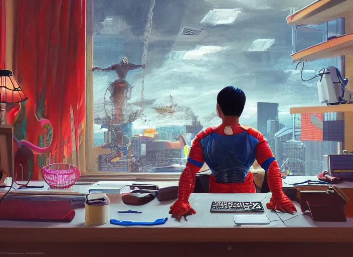 Prompt: an insanely detailed painting of an asian man wearing a homemade superhero costume, sitting at a desk, staring seriously at the computer and typing, in the style of james jean, dramatic lighting and composition, surreal background, octane render, pixar, trending on artstation, concept art, comic book, view from behind, 8 k