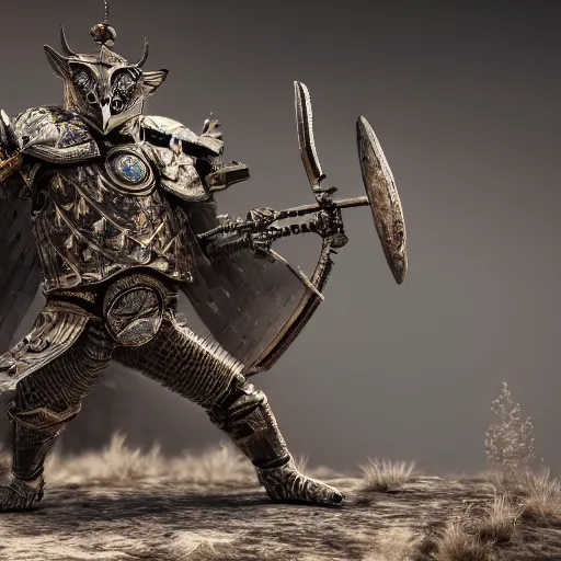 Image similar to warrior with metal owl armour, highly detailed, 4k, HDR, award-winning, octane render