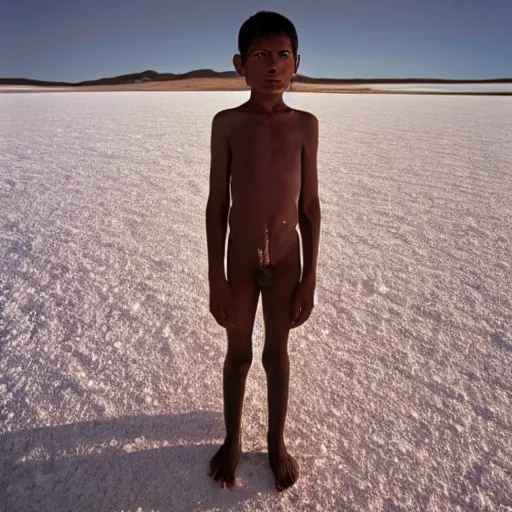 Image similar to photos of indigenous boy staring into the camera, distended abdomen, standing on a salt flat, highly detailed, muted colors, by national geographic