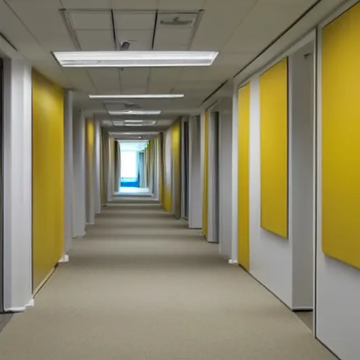 Image similar to liminal office hallway, pale yellow walls, pale yellow carpets, off-white ceiling, warm light