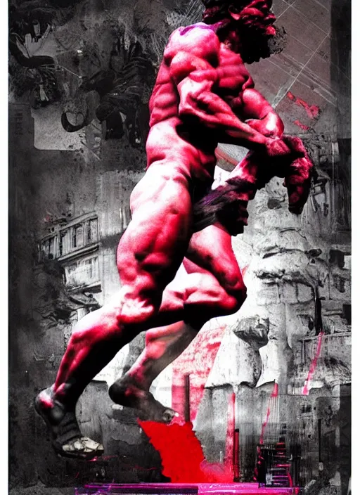 Prompt: dark design poster showing a statue of hercules, black background with very subtle red and purple design elements, subtle white lines, powerful, nekro, guido crepax, graphic design, collage art, dark, glitch art, neo vaporwave, gritty, layout frame, square, trending on artstation