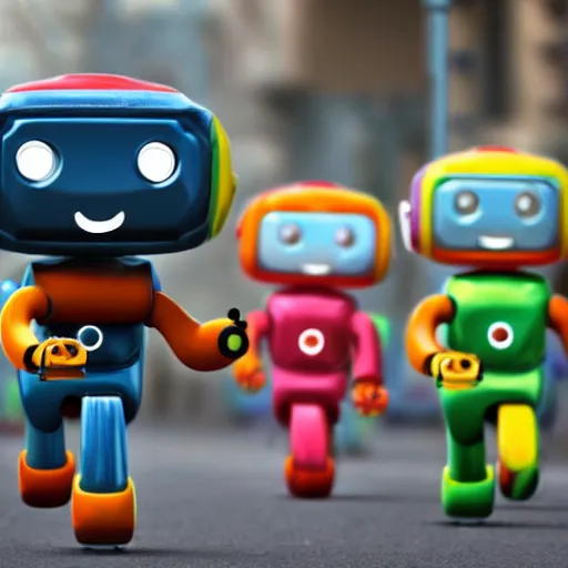 Prompt: in the style of 1960s, A robot is running after kids ,with fully detailed faces, fully detailed , faces in focus ,4k ,HD