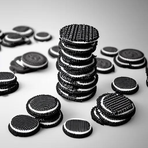 Image similar to city made of stacked oreos on a white surface, octane render, ue 5, realistic shadows, white background