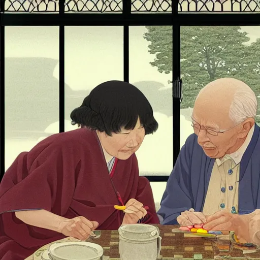 Image similar to very elderly couple tenderly feeding each other eating crayons tenderly feeding each other crayons, in the style of kawase hasui james jean, artstation trending, 8 k, 3 d render, photorealistic, volumetric lighting caustics, black and white, detailed af